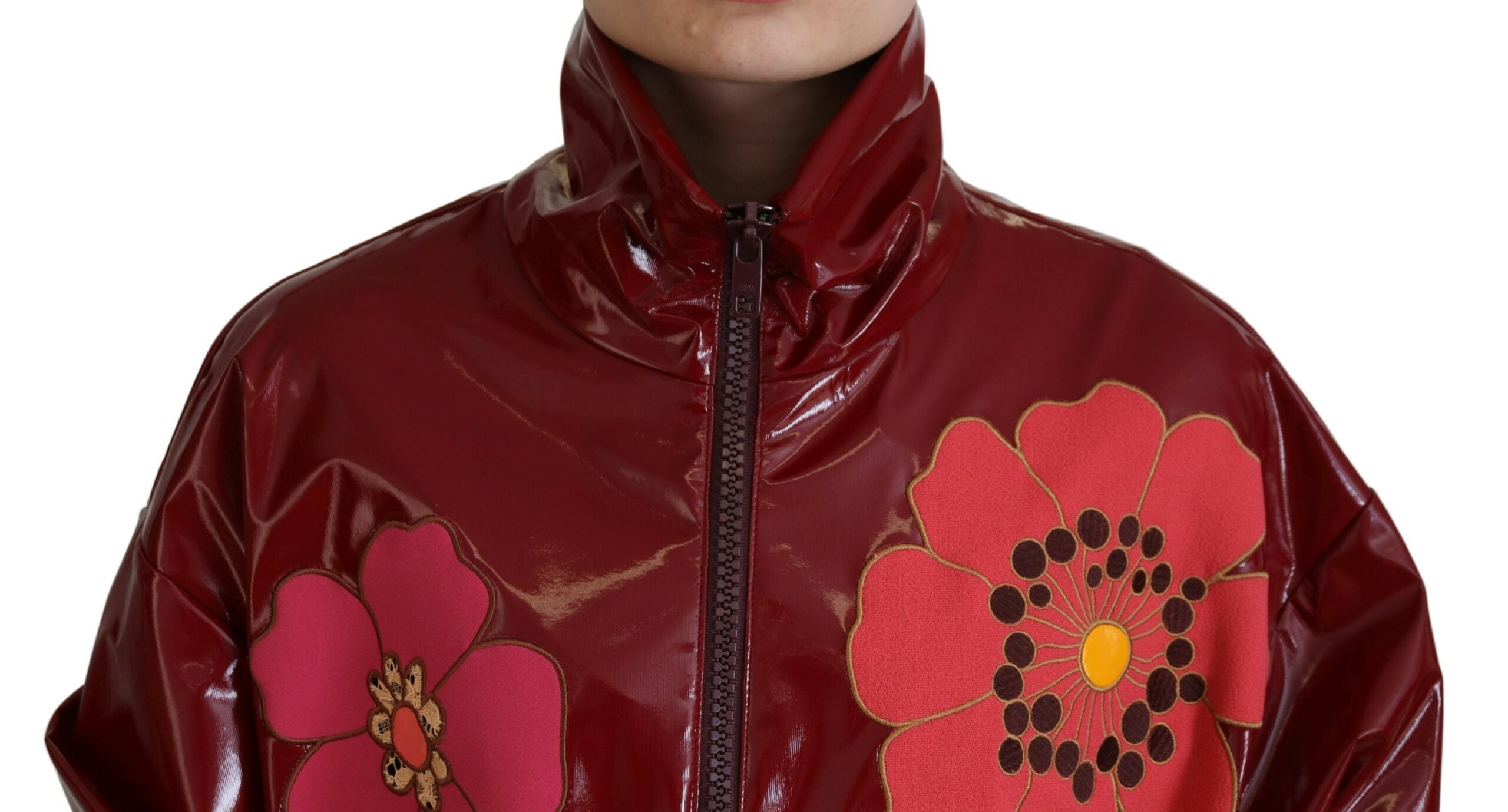 Dolce & Gabbana Maroon Floral Full Zip Polyester Women's Jacket